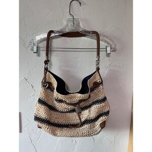 Brighton Straw Striped Shoulder Bag with Leather Accents‎ and Anchor Lining